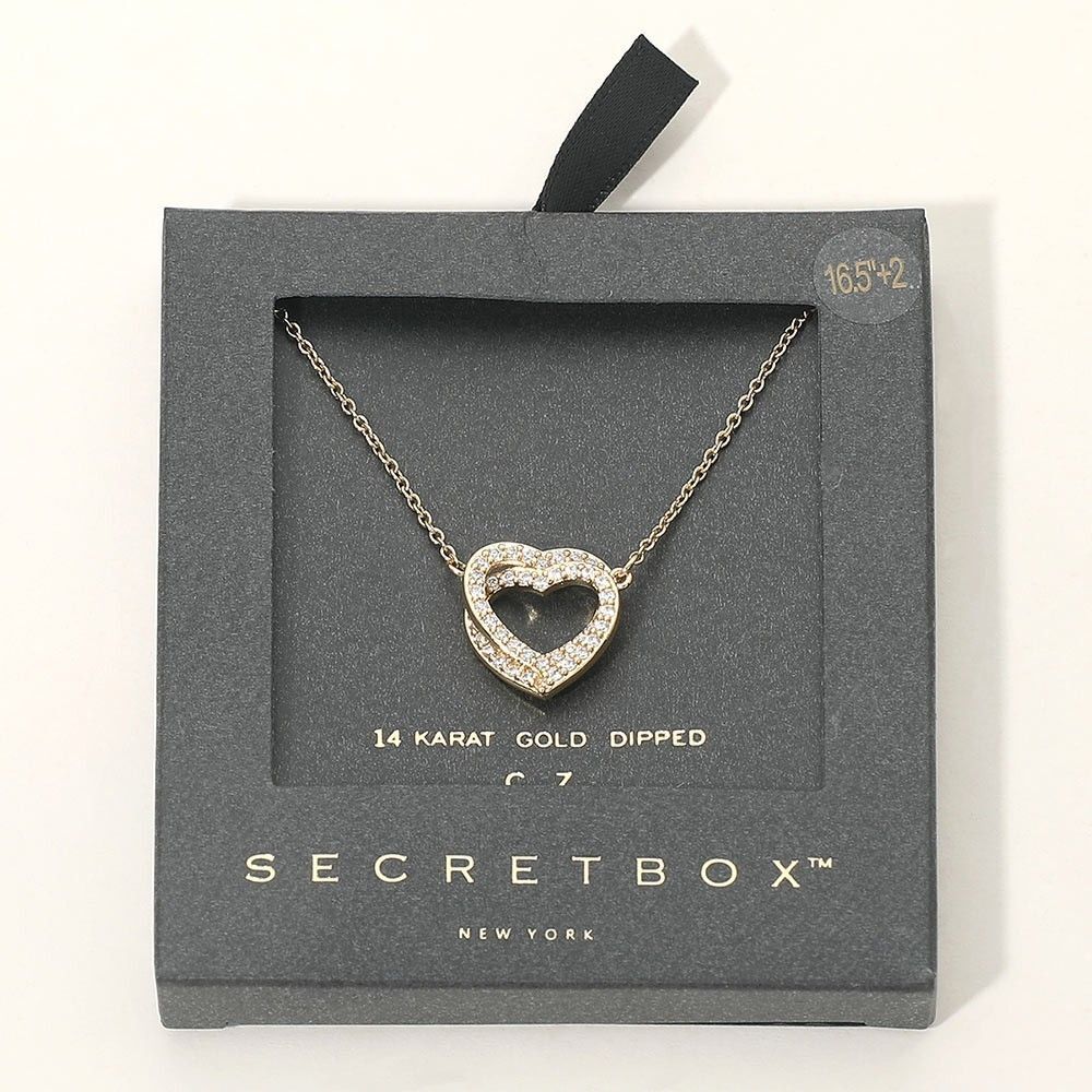 SECRET BOX 14K Gold Dipped CZ Stone Paved Twin Heart Pendant Necklace Adjustable - Picture 2 of 4